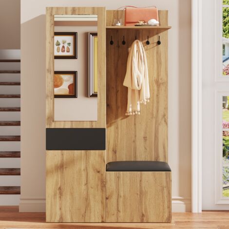 Ensemble de meubles pour hall d'entrée, porte manteau hauteur 191 cm, grand espace de rangement, avec miroir, tiroir, portes-cintres, rangement pour chaussures et banc, design moderne noir et bois