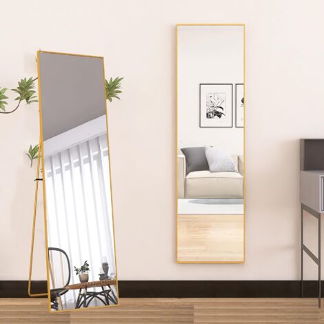 Dans Les Nuages – Miroir sur pied 140x40 cm – Cadre en métal doré – Verre flotté haute résolution – Support inclinable pour salon ou dressing