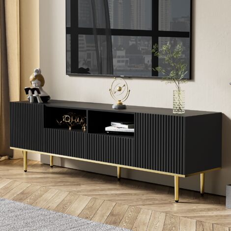 Meuble TV 165 cm, avec 2 portes, 2 tiroirs, Pieds en métal Doré, rayures verticales, style Scandinave, Meuble de salon en bois - Noir (1/5)