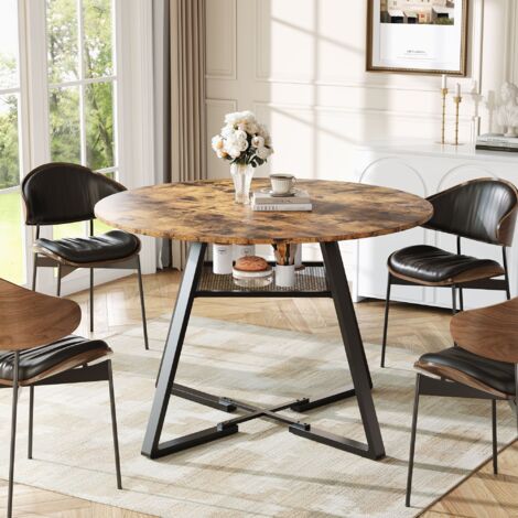 Table de salle à manger ronde 120 cm, pour 4-6 personnes, en bois et métal, style industriel avec rangement, 4 pièces à assembler - Noir et Marron (1/5)