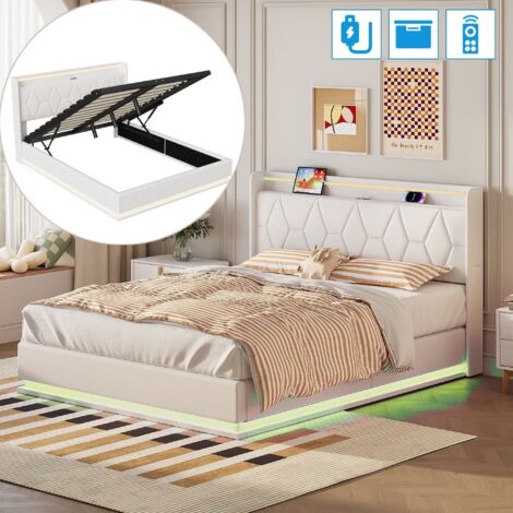 Nmonet – Lit coffre 160x200 cm – Tête de lit en velours beige – Rangement sous le lit – Éclairage LED ajustable – Ports USB intégrés (1/5)