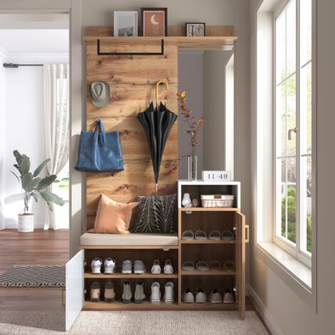 Ensemble de meubles d'entrée, avec miroir, armoire, banc à chaussures, porte-manteau mural, étagères de rangement, barre de suspension, Vestiaire en bois - Marron