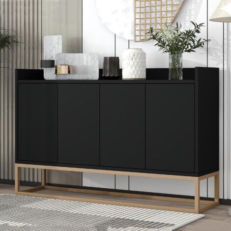 Dans Les Nuages – Buffet moderne 120 cm avec 4 portes – Étagères réglables – Cadre en métal doré – Fonction Push-to-Open – Noir