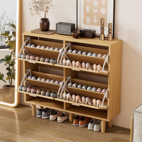 Dans Les Nuages – Meuble à chaussures 100 cm – 4 portes abattantes en rotin – 8 étagères – Résistant à l'humidité – Design scandinave naturel