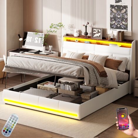 Dans Les Nuages – Lit coffre 140x200 cm – Éclairage LED contrôlable – Système hydraulique de rangement – Cadre en métal et similicuir – Sommier à lattes