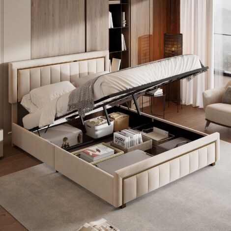 Dans Les Nuages – Lit coffre capitonné 160x200 cm – Rangement hydraulique – Velours beige – Sommier à lattes – Design moderne avec détails dorés