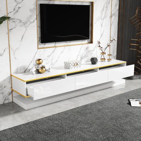 Meuble tv 200 cm – banc télé avec 3 tiroirs de rangement, design modern haut brillant avec bord doré, pour salon - Blanc (1/5)
