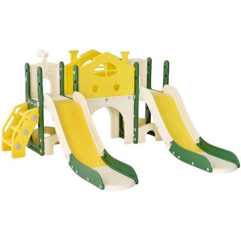 Aire de jeux 7 en 1, château, avec toboggan, cadre d'escalade, télescopes, escalier, PEhd, enfant toboggan pour l'intérieur et l'extérieur - Jaune