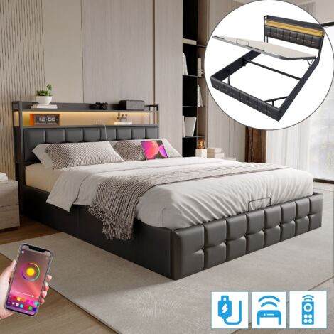 Dans Les Nuages – Lit coffre 140x200 cm – Éclairage LED intégré – Rangement hydraulique – USB-A/C charge – Sommier à lattes en bois – Similicuir noir