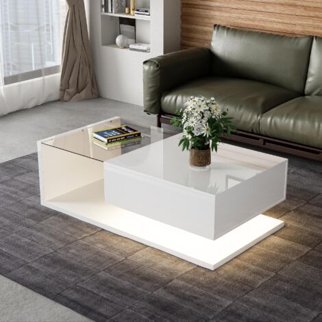 Dans Les Nuages – Table basse rectangulaire 105 cm en bois et verre – Éclairage LED 16 couleurs – Tiroir avec glissières métalliques – Style moderne – Blanc