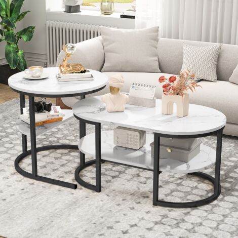 Dans Les Nuages – Lot de 2 tables basses gigognes – Plateau imitation marbre – Cadre métal doré – Ronde et ovale – Style scandinave – Dimensions 80x46 et 52x52 cm