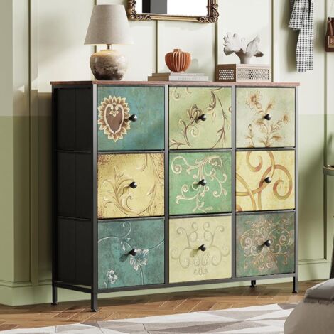 Commode rectangulaire style bohème, 100x30x86,5 cm, avec 9 tiroirs de rangement, plateau en bois, Vintage, cadre en métal, meubles de salon en bois - Multicouleur