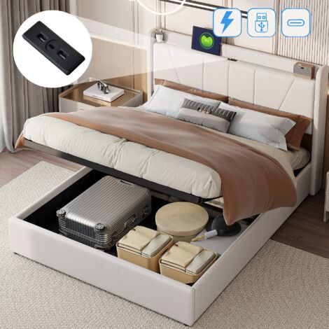 Dans Les Nuages – Lit coffre 140x190 cm avec port USB – Rangement hydraulique – Sommier à lattes en bois – Cadre métal capitonné lin beige
