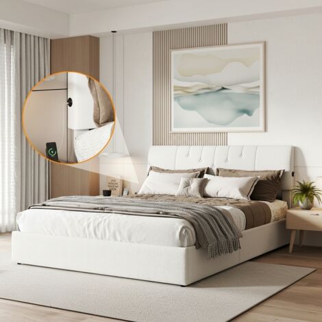 Nmonet – Lit coffre 160x200 cm avec rangement – Ports de chargement USB – Sommier à lattes en bois – Velours Teddy beige – Design scandinave