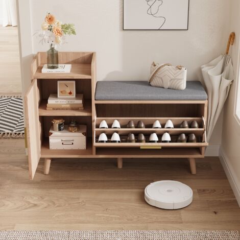 Nmonet – Meuble à chaussures bas – Rangement multifonctionnel avec coussin amovible – Pieds en bois massif – Style scandinave – Dimensions 100x30x70cm