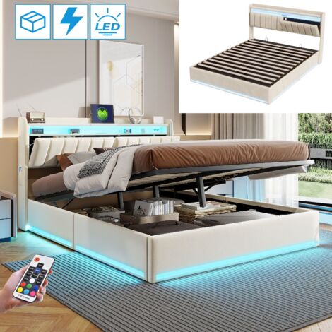 Lit coffre 140x190 cm, 2 places, avec LED, tête de lit de rangement, étagères, sommier à lattes en bois, cadre en métal, Lit capitonné en velours - Beige