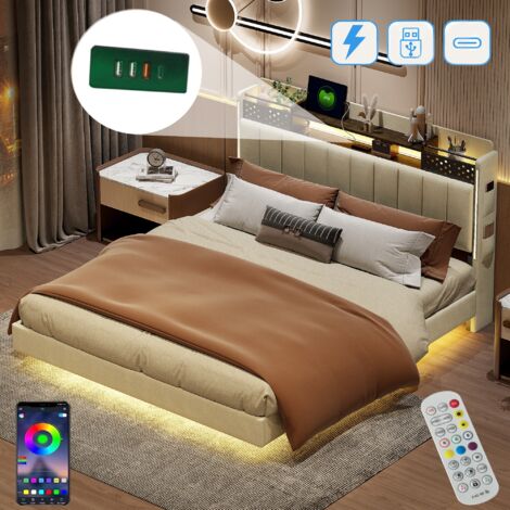 Lit double 160x200 cm, avec éclairage LED, tête de lit de rangement, USB-A/C charge, sommier à lattes en bois, cadre en métal, lit capitonné en lin - Beige (1/5)