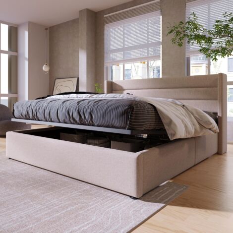 Lit coffre 160x200 cm, avec hydraulique espace de rangement, sommier à lattes, tissu lin, Style minimaliste, lit double capitonné - beige