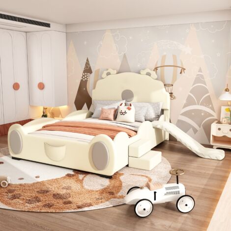 Lit simple capitonné 140x200 cm, avec Tête de lit forme de koalas, toboggan, escalier, sommier à lattes, lit enfant en similicuir - Beige (1/5)