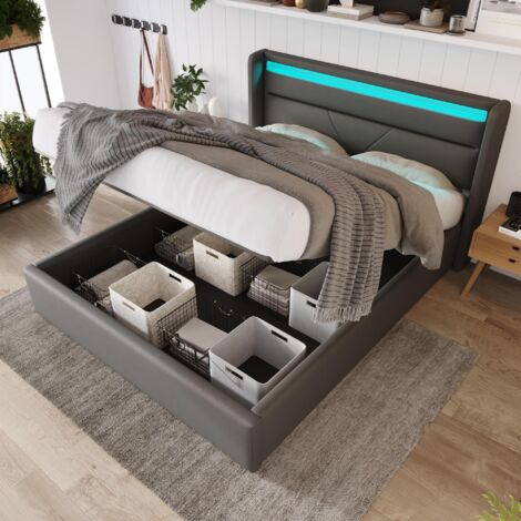 Lit coffre 140x190 cm, tissu similicuir, avec éclairage LED, rangement pour hydraulique, sommier à lattes, lit double capitonné - gris (1/5)