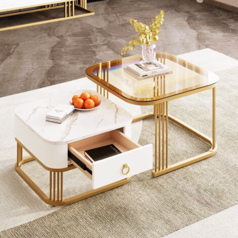 Lot de 2 Table basse gigogne, carrée, 60 cm, avec plateau en verre, tiroirs, rangement, pieds en métal, pour Salon, Manger - Blanc