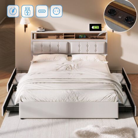 Lit double capitonné 160x200 cm, tissu Lin, avec fonction de charge USB et USB C, 4 tiroirs, sommier à lattes, lit adulte style moderne - beige (1/5)