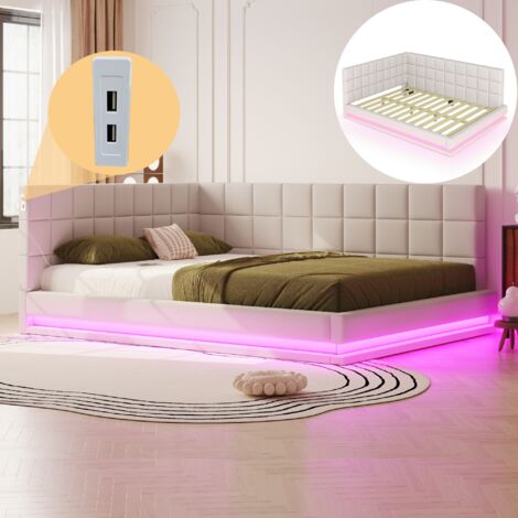 Lit adulte 160x200 cm, canapé-lit en velours avec bande LED, prise USB et sommier à lattes - Lit multifonction, tissu doux au toucher - Beige (1/5)