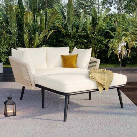 Ensemble de salon de jardin Double Chaise longue avec 2 coussins et 2 oreillers, les coussins sont amovibles et lavables, Beige (1/5)