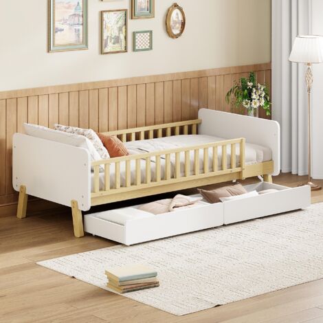 Lit simple 90x190 cm, avec 2 tiroirs, sommier à lattes en bois massif, lit enfant - Blanc (1/5)
