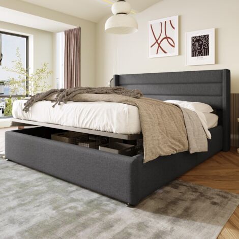 Lit coffre 160x200 cm, avec hydraulique espace de rangement, sommier à lattes, tissu lin, Style minimaliste, lit double capitonné - gris