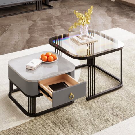 Lot de 2 Table basse gigogne, carrée, 60 cm, avec plateau en verre, tiroirs, rangement, pieds en métal, pour Salon, Manger - Noir
