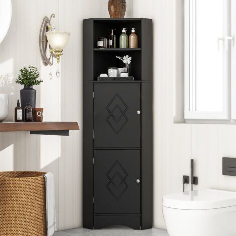Meuble Salle de Bain 155 cm armoire d'angle avec 2 portes et étagères réglables, commode de salle de bain en bois, noir (1/5)