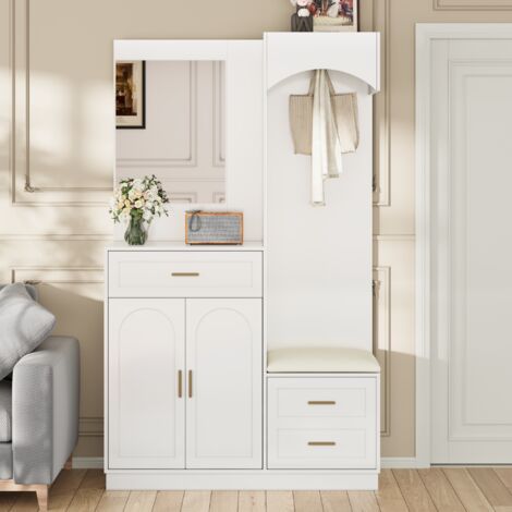 Nmonet – Ensemble de meubles d'entrée moderne – Meuble à chaussures avec miroir et banc rembourré – 3 tiroirs de rangement – Dimensions 110x33x185,5 cm – Blanc