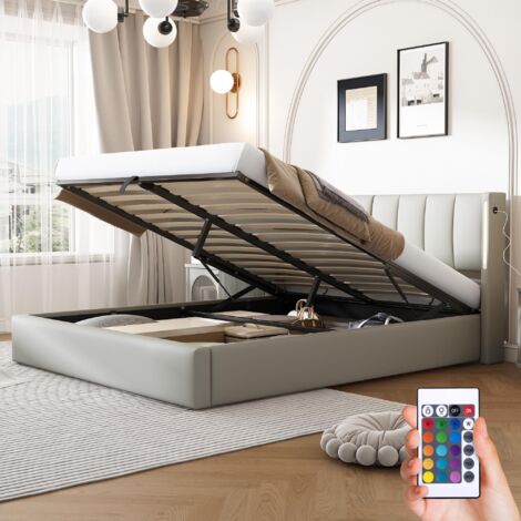 Lit coffre 140x200 cm, avec éclairage LED, hydraulique espace de rangement, USB fonction de charge, tissu similicuir, lit double capitonné - gris (1/5)