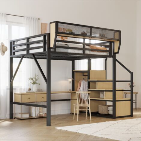 Lit mezzanine 140x200 cm, lit enfant avec escalier de rangement et étagère de rangement amovible, convient pour 1 à 2 enfants - Noir