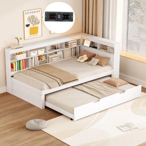 Lit gigogne 90x190 cm/90x200 cm, avec USB charge, rangement, sommier à lattes en bois, cadre en métal, pour enfant, adulte - Blanc