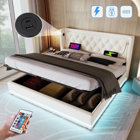 Lit coffre 140x200 cm, avec éclairage LED, USB-A/C charge, hydraulique de rangement, décoratif boutons, sommier à lattes en bois, lit capitonné en similicuir - Blanc (1/5)