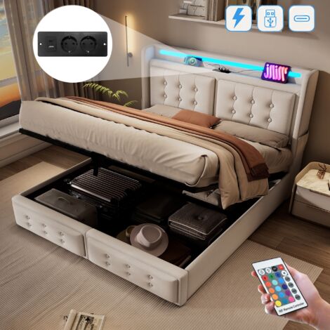 Lit coffre 160x200 cm, avec éclairages LED, hydraulique de rangement, USB-A/C charge, sommier à lattes en bois, lit double capitonné en Tissu lin - Beige (1/5)