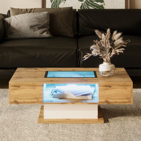 Dans Les Nuages – Table basse rectangulaire 110 cm en bois et verre – Éclairage LED ajustable – 2 tiroirs de rangement – Style moderne naturel (1/5)