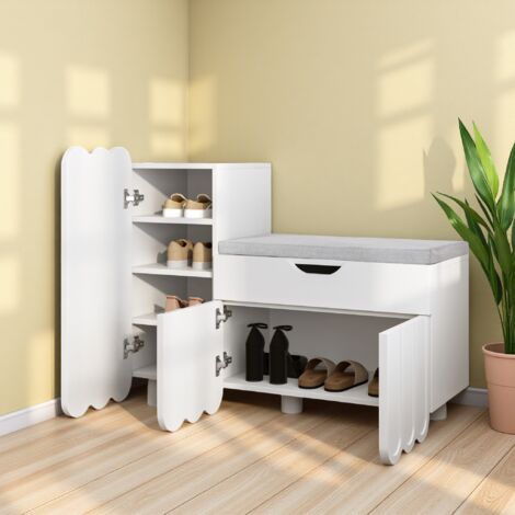 Meuble à chaussures moderne 3 portes avec tiroir et coussin d'assise – Meuble à chaussures et bancs à chaussures – Meuble à chaussures compact pour hall et entrée – Blanc (1/5)