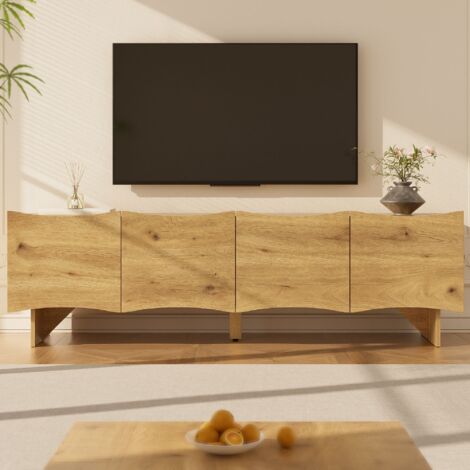 Meuble TV 155 cm, style naturel banc télé avec motif ondulé, 4 portes, étagères de rangement et gestion des câbles en finition bois, design rustique pour salon - Couleur Bois (1/5)