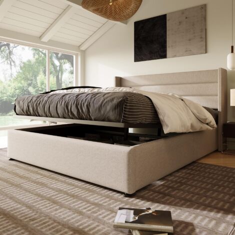Lit coffre 140x200 cm, avec hydraulique espace de rangement, sommier à lattes, tissu lin, Style minimaliste, lit double capitonné - beige (1/5)