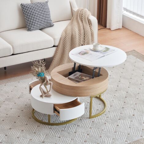 Dans Les Nuages – Lot de 2 tables basses gigognes rondes 70 cm – Plateau extensible avec rangement – 2 tiroirs – Pieds métal doré – Style moderne – Blanc
