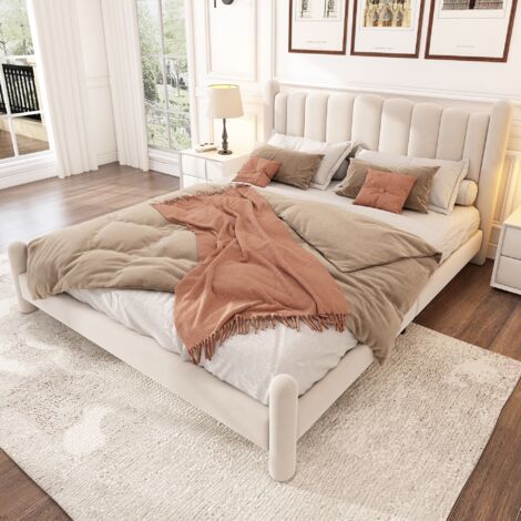 Lit double 160x200 cm, avec tête de lit en forme d'éventail, pieds cylindriques, sommier à lattes en bois, cadre en métal, lit capitonné en velours - Beige (1/5)