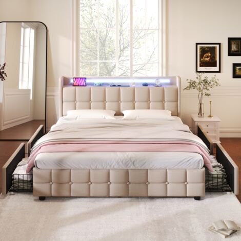 Lit double capitonné 180x200 cm, avec 4 tiroirs, éclairage LED, ports et prises USB, sommier à lattes, linge, lit queen size - Beige