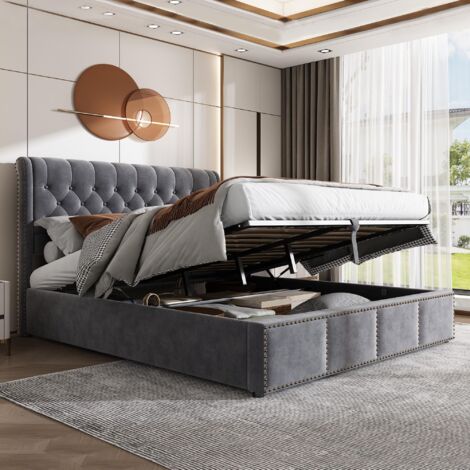 Dans Les Nuages – Lit coffre 180x200 cm – Espace de rangement hydraulique – Sommier à lattes – Tissu velours gris – Design classique avec clous décoratifs (1/5)