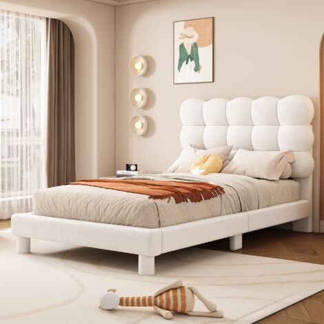 Lit simple 90x200 cm, avec tête de lit en réglage haute, aspect rond, sommier à lattes en bois, cadre en métal, lit capitonné en sherpa - Blanc (1/5)