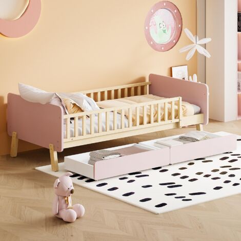 Dans Les Nuages – Lit simple 90x190 cm – 2 tiroirs de rangement – Sommier à lattes en bois massif – Lit enfant rose – Construction solide avec angles arrondis