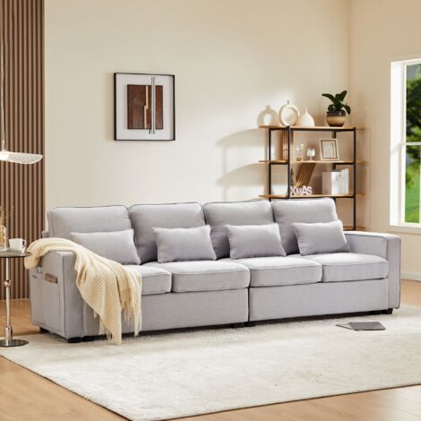Dans Les Nuages – Canapé droit 4 places 264 cm – Cadre en bois massif – Coussins en lin gris clair – Poches latérales pratiques – Assise ergonomique