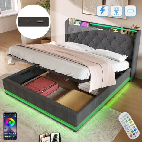 Lit coffre 160x200 cm, avec éclairages LED, hydraulique de rangement, USB charge, cadre en métal, sommier à lattes en bois, lit double capitonné en lin - Gris (1/5)